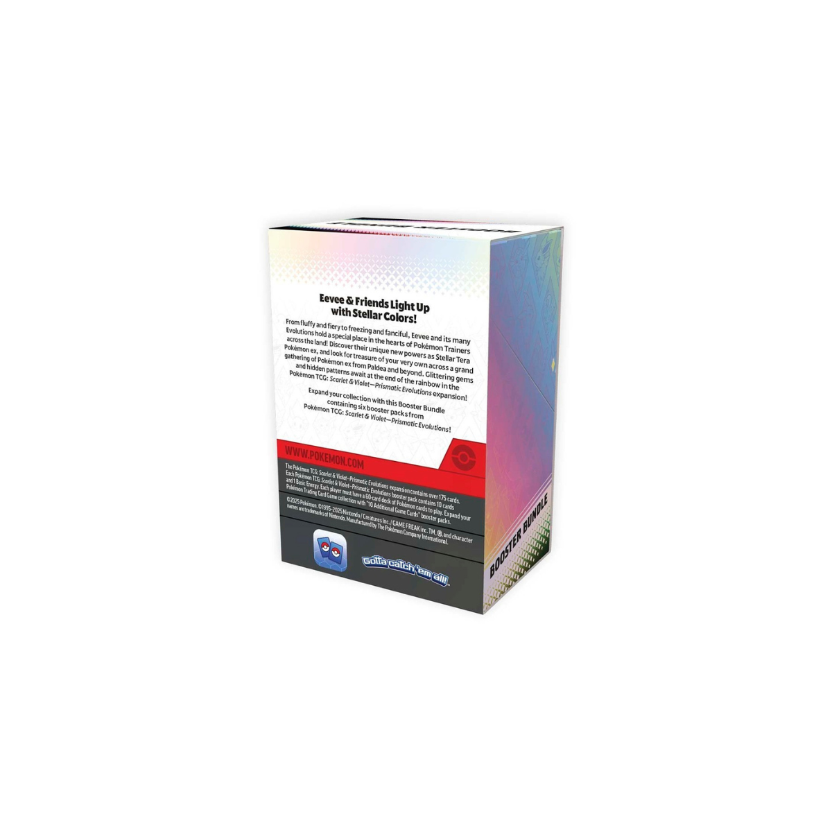 A Prismatic Evolutions Booster Bundle shown from the back.