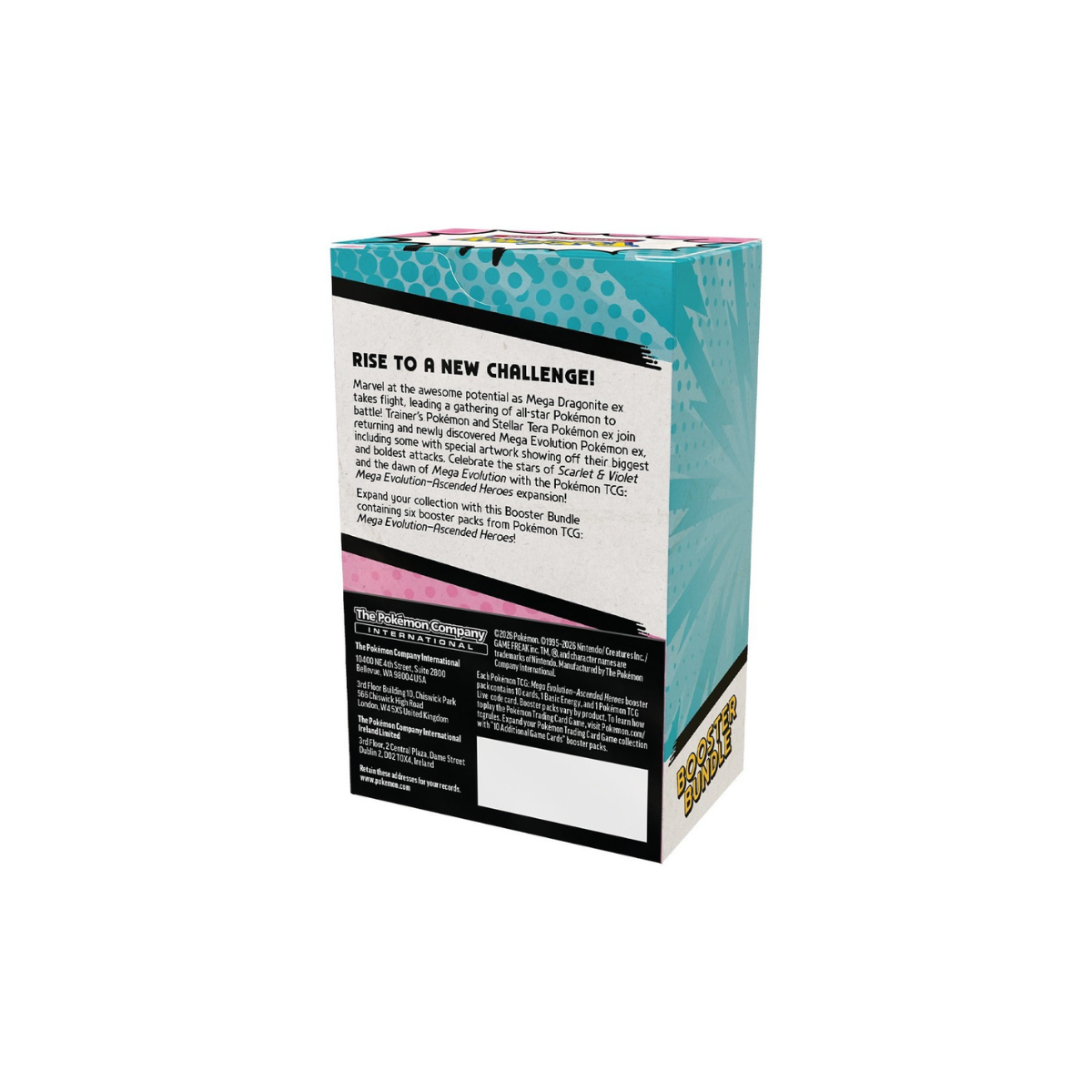 The back of a Pokémon TCG Ascended Heroes booster bundle, featuring the title 'RISE TO A NEW CHALLENGE!' and product details, with a teal patterned top, black lower section, and a gold Magic logo on a white background.