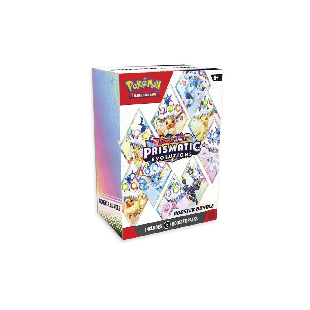 Pokémon TCG Prismatic Evolutions Booster Bundle box shown at a three-quarter angle on a plain white background.