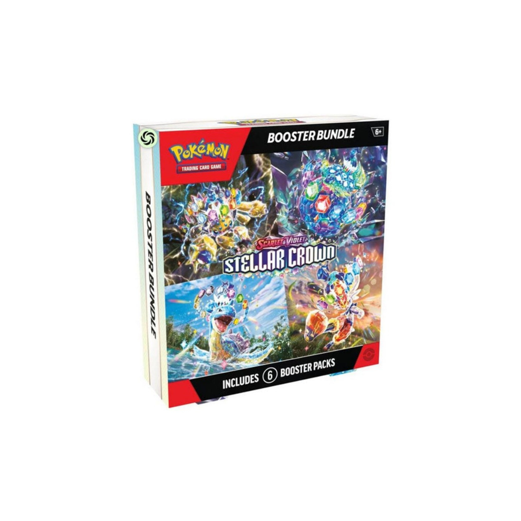 Pokémon TCG Game Set Store Stellar Crown Booster Bundle box, featuring colorful artwork of Stellar Crown characters on the front cover and side panel, set against a plain white background.