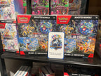 A retail shelf display featuring multiple Pokémon TCG booster bundles, including Stellar Crown and Pramatic, with a central Harry's Cards thank-you card in front.