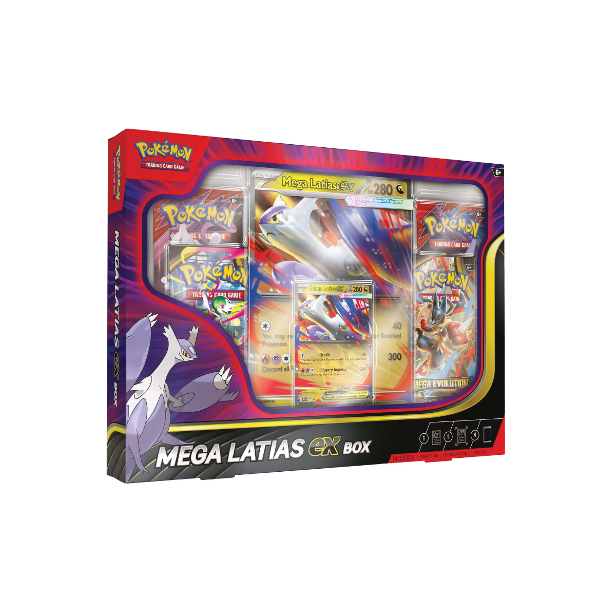 Factory sealed Pokémon TCG Mega Latias ex Box front packaging display showing promo cards.